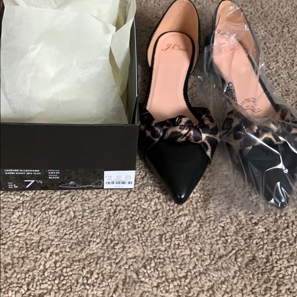 J.Crew Leather Leopard Satin Knot Flat 7.5
